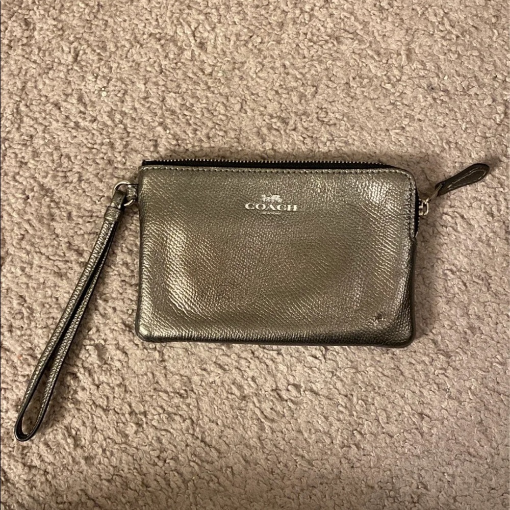Small silver coach zippered wristlet wallet